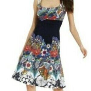 Nine West Floral Print Dark Blue Abstract Sleeveless Midi Dress Size 10 NWOT